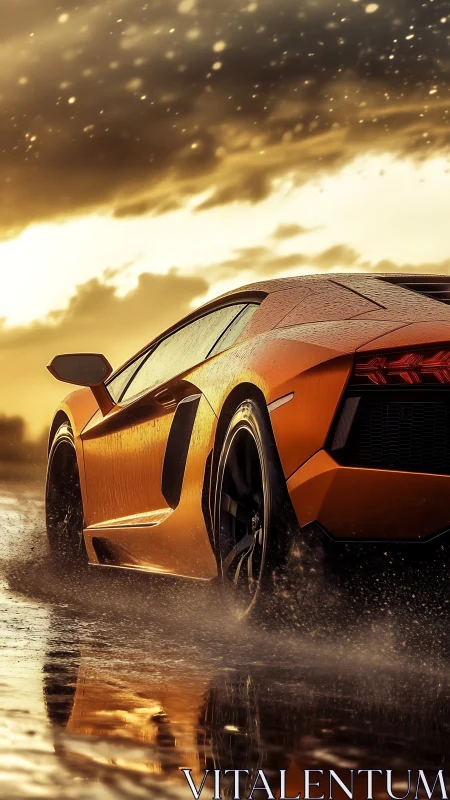 Supercar rear profile in dynamic golden rain reflections.