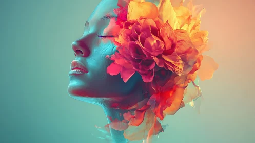 Surreal female profile merges with luminous abstract florals