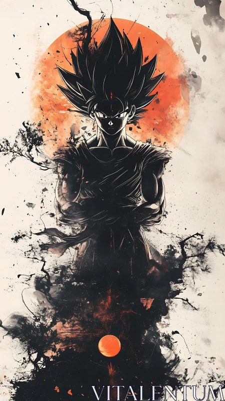 Dark warrior silhouette under blazing orange sunburst.