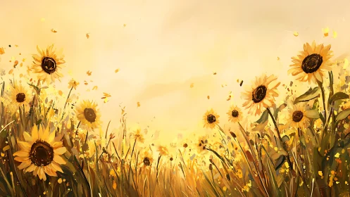 Sunlit sunflower field under warm golden summer sky.