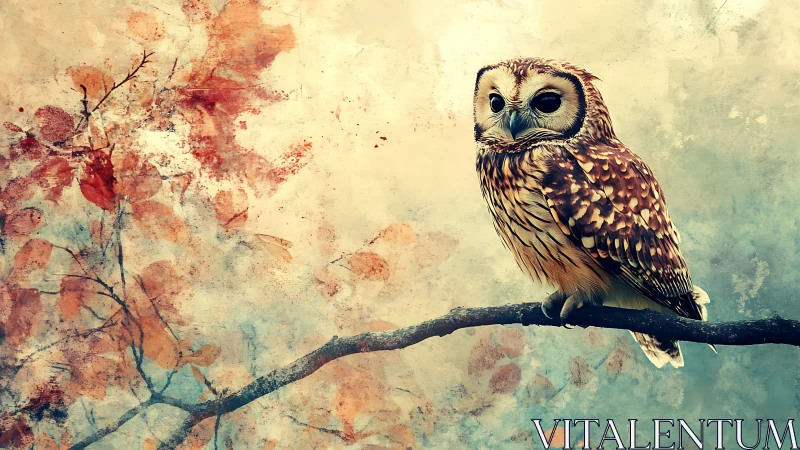 Majestic Owl on Branch in Artistic Autumn Watercolor Scene.