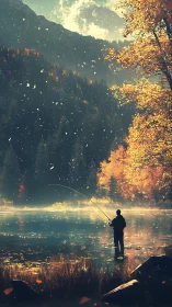 Solitary figure fishes beside an autumn lake under mountains