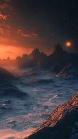 Distant rocky valley under red sunset and starry night sky.