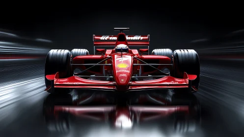 Scarlet rocket F1 car knifes through liquid midnight speed.