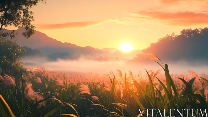 Radiant mist-layered valley sunrise over dense prairie grasses.