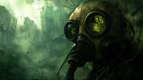 Gas mask figure stands in decayed, overgrown city ruins