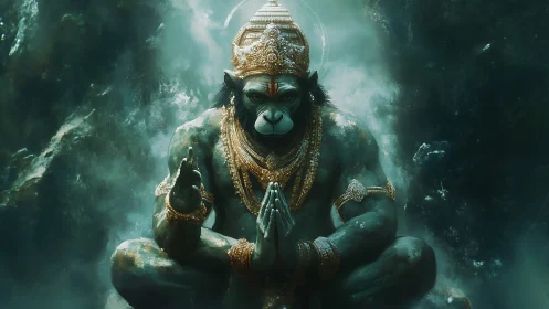 Mythic simian deity in meditative mudra, jeweled regalia, mist