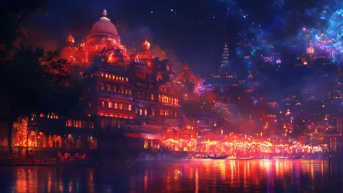 Star-drenched river city in festival bloom of molten lanterns.