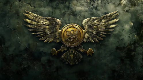 Gilded double headed eagle crest with wings on oxidized wall.