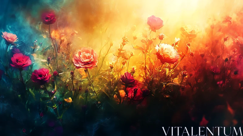 Radiant Blooms Ablaze: Roses Luminous in Golden Sunset Reverie.