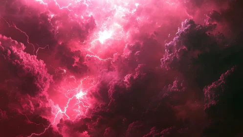 Electric crimson storm clouds ignite a dramatic night sky.