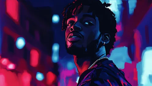 Neon-drenched nightwalker in electric magenta and cyan glow.