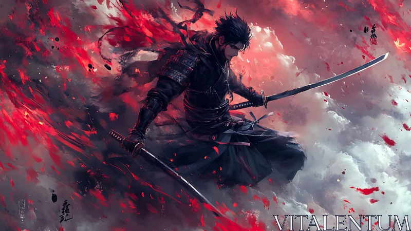 Samurai warrior lunges forward through swirling red smoke