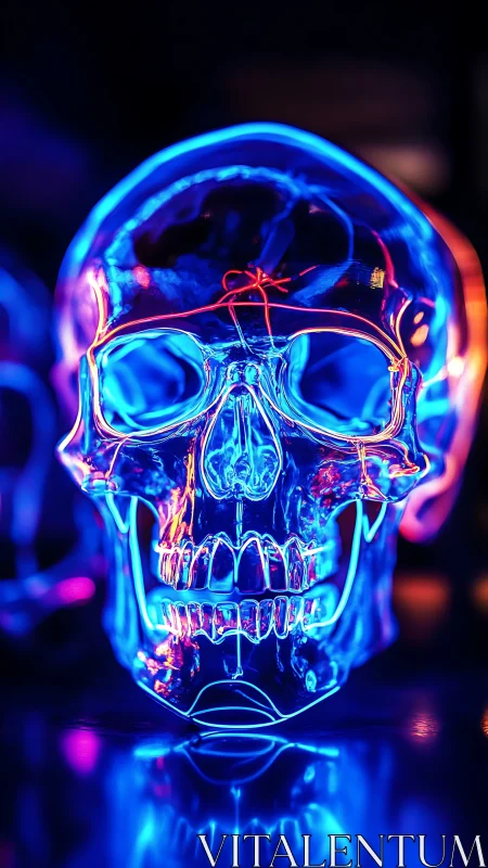 Translucent skull model is illuminated by neon blue lighting