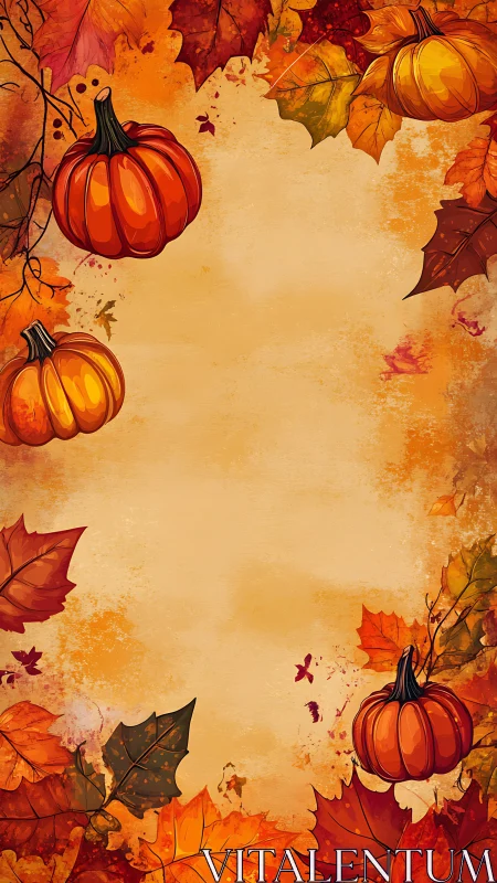 Pumpkin corners frame a glowing harvest scroll of autumn.