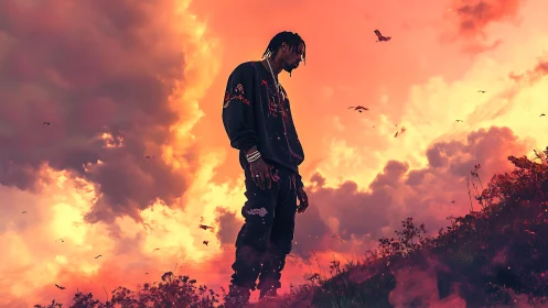 Storm-lit dreamwalker pauses beneath a burning neon sky