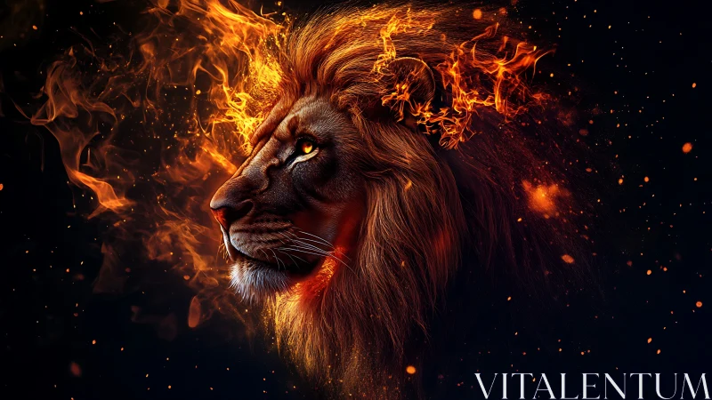 Majestic fiery lion glowing softly in the night sky.