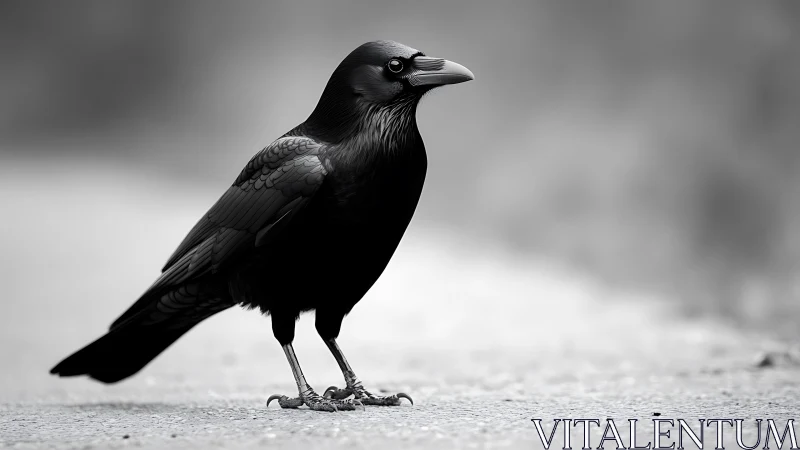 Majestic Black Raven in Sharp Focus, Monochrome Photography Style.