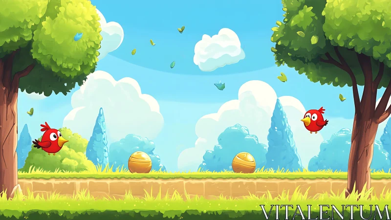 Digitally Rendered Isometric Game Environment with Anthropomorphic Red Birds