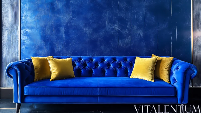 Cobalt velvet sofa glows against inky blue wall and gold pillows.