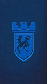 Heraldic blue escutcheon with rearing drake under crenelated tower.