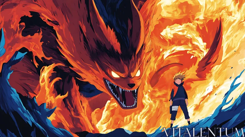 Fiery fox-like beast looming behind lone figure in flames.