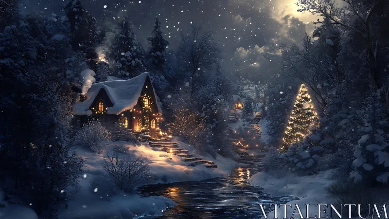 Snowlit riverside cottages wrapped in winter holiday glow.