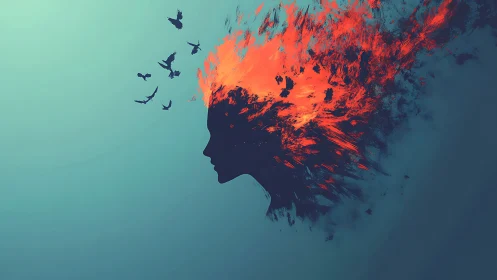 Silhouette of fiery thoughts drifting into open sky.