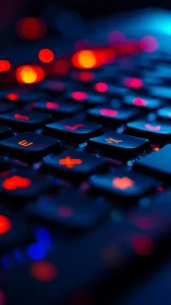 Cyberpunk bokeh over neon-backlit mechanical keyboard matrix.