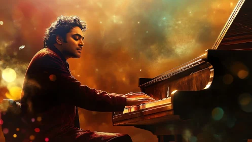 Pianist plays grand piano under glowing golden bokeh haze