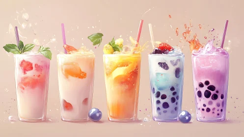Row of five colorful fruit bubble tea drinks in glasses.