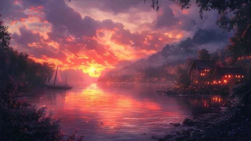 Glowing lakeside sunset welcomes quiet boats and warm cabins