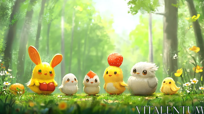 Sunlit forest critter parade in a meadow of tiny wonders.