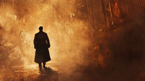 Silhouetted figure walking through intense golden flames.