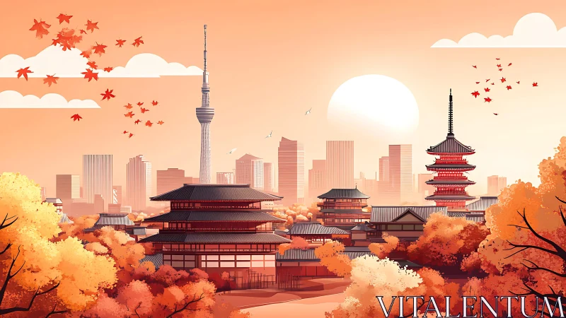 Autumn cityscape uniting Tokyo skyline with stylized temples at dusk