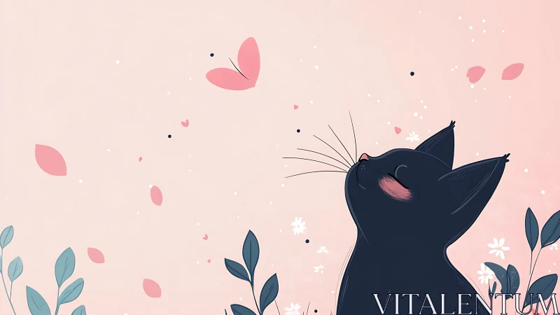 Black Cat Gazing at Pink Butterflies in a Garden.