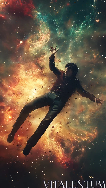 Man falling through glowing cosmic nebula in deep space.