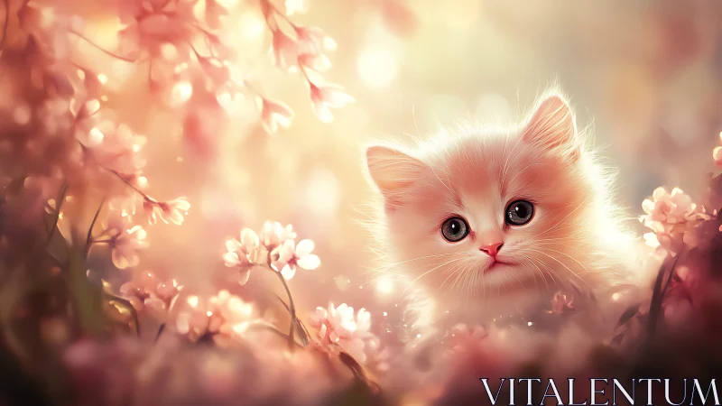 White Kitten in Bloom Field. Digital Illustration.
