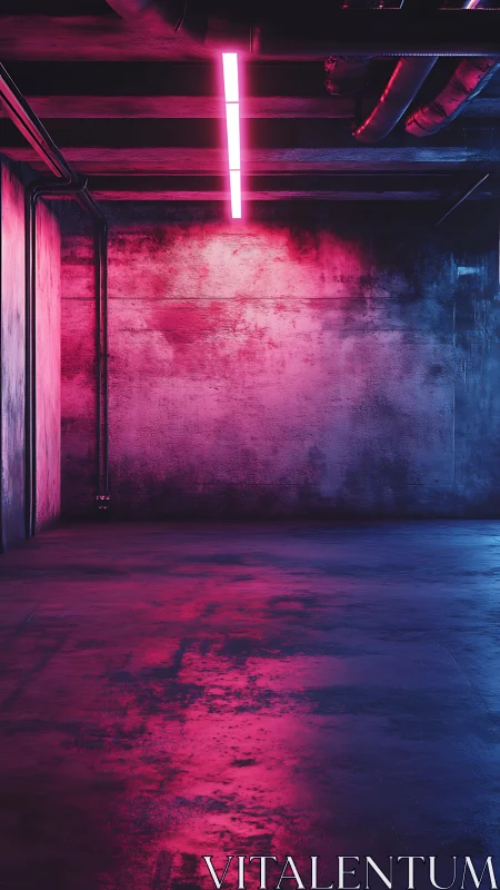 Neon-saturated concrete bay with industrial ceiling conduits.