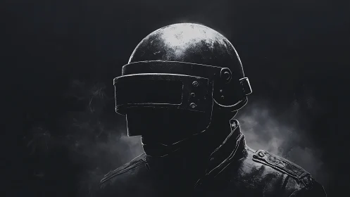 Armored visor-helmet silhouette in low-key monochrome smoke