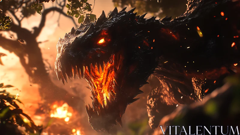 Inferno-jawed forest dragon roaring through molten dusk.