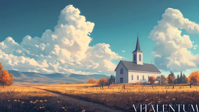 Country chapel under towering summer clouds at dusk.