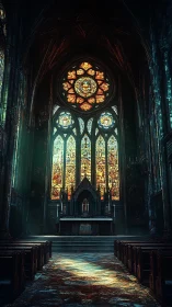 Gothic nave with irradiated stained glass altar illumination.