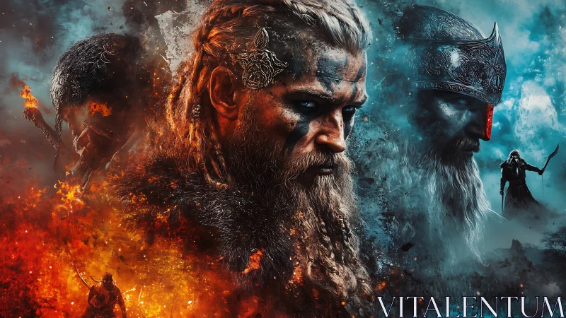 Central bearded warrior figure divides fire and ice background