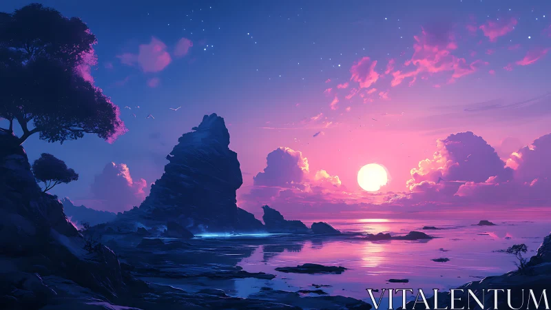 Rocky coastal horizon under pink and violet twilight sky.