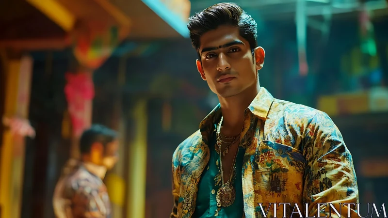 Photorealistic urban portrait with cinematic depth and color grading.