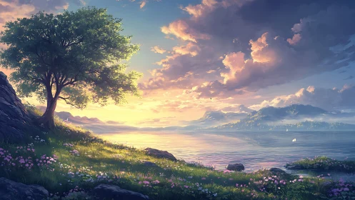 Tree-lined lakeshore with distant mountains at sunset.