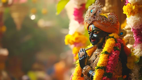 Ornate devotional deity sculpture in floral-lit temple bokeh.