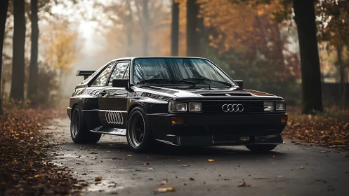 Classic Audi Quattro coupe dominates misty autumn forest road.