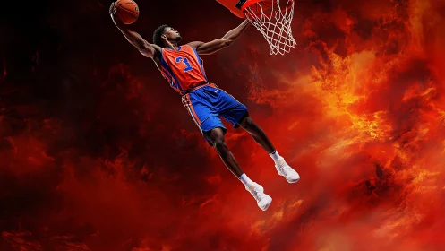 High-contrast photorealistic slam dunk over fiery red nebula